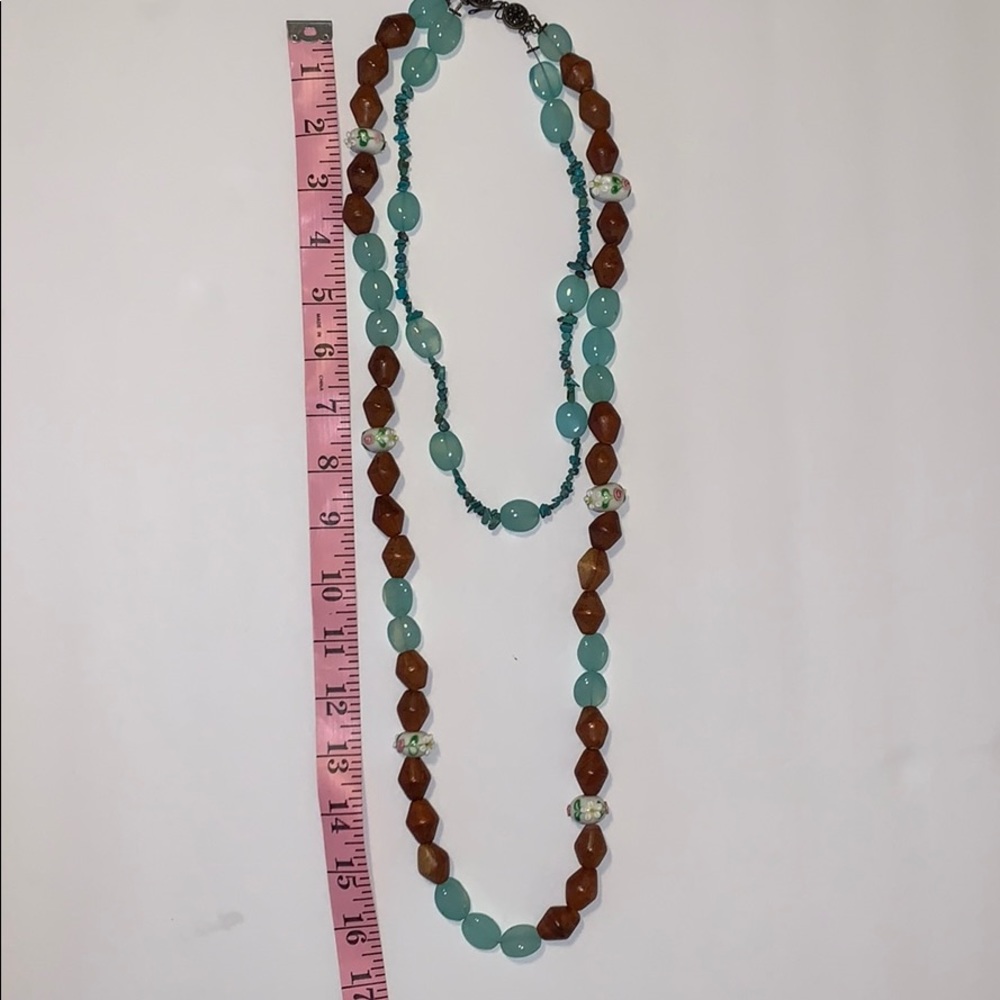 Turquoise Glass Wood and Hand Painted Bead necklace - Picture 3 of 5